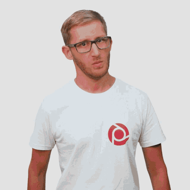 a man wearing glasses and a white t-shirt with a red circle on the front