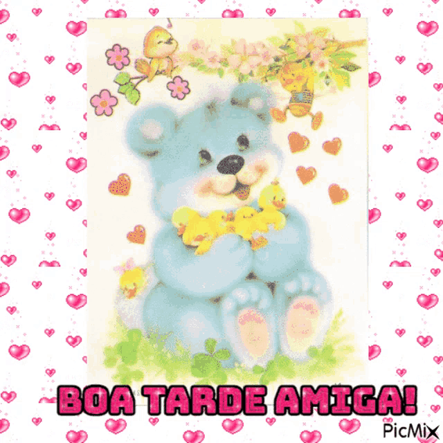 a picture of a teddy bear holding two ducklings with the words boa tarde amiga