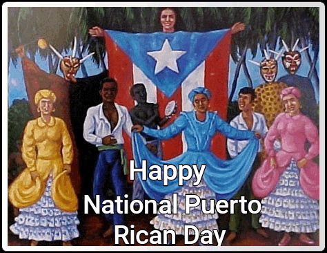 a painting of a group of people holding a flag and the words happy national puerto rican day