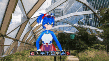 a girl with blue hair is standing in front of a building with a screen that says ' a ' on it
