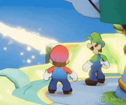 a cartoon of mario and luigi standing next to each other with a nintendo logo in the corner