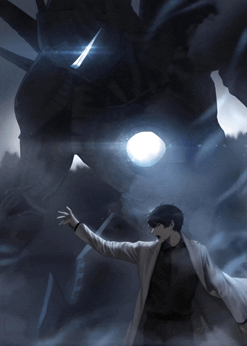 a man in a white coat is standing in front of a large robot