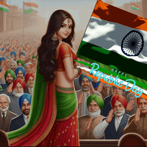 a painting of a woman holding a flag with the words happy republic day