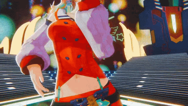 a woman in a red and white outfit is standing in front of a neon sign that says u