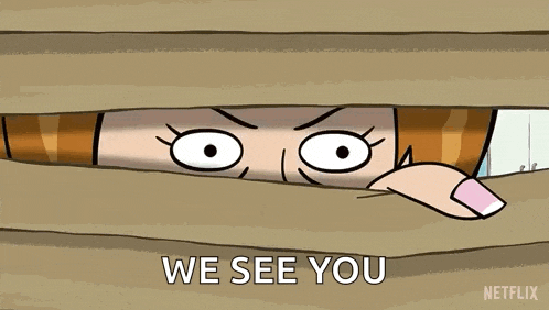 a cartoon of a woman peeking through a hole in a wall with the words " we see you " on the bottom