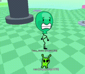 a green balloon is standing next to a green alien in a cartoon scene