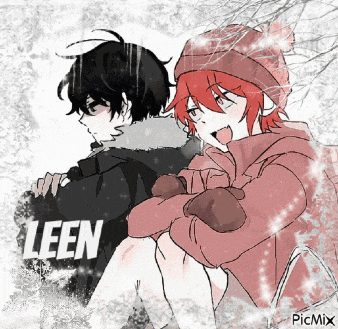 a drawing of a boy and a girl with leen written on the back