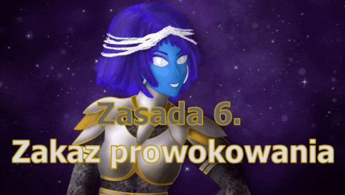 a cartoon character with blue hair and the words zakaz prowokowania on the bottom