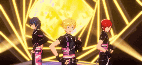 three anime characters are standing next to each other on a stage with a yellow background .