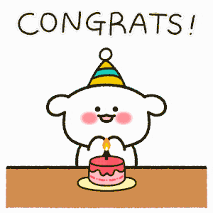 a cartoon of a bear wearing a party hat and holding a birthday cake .