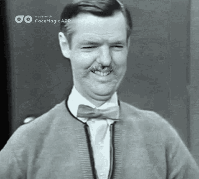 a black and white photo of a man with a mustache and bow tie