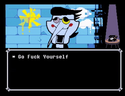 a cartoon character says go fuck yourself in a video game scene