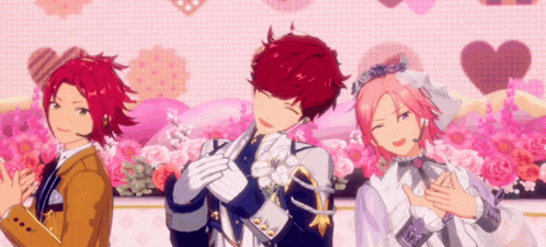 three anime characters are standing next to each other in front of a pink background .