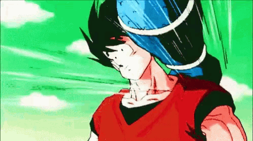a cartoon of a man in a red shirt with a blue object on his head