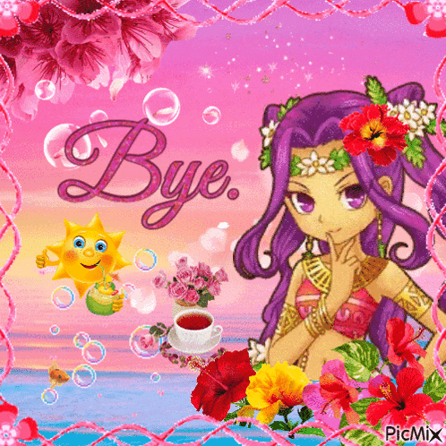a picture of a girl with purple hair and the words bye