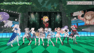 a group of anime girls are dancing in front of a screen that says juara