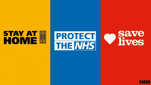 a yellow blue and red poster that says stay at home