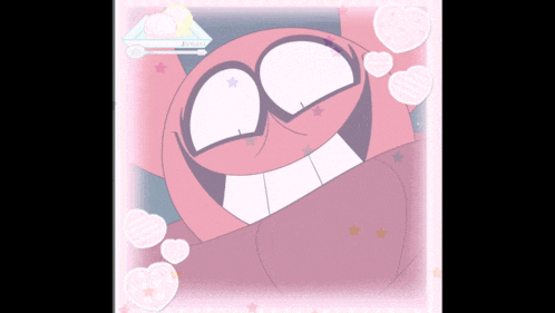 a pink cartoon character with hearts around it
