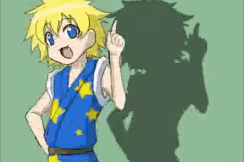 a boy in a blue kimono is standing next to a shadow of another boy .
