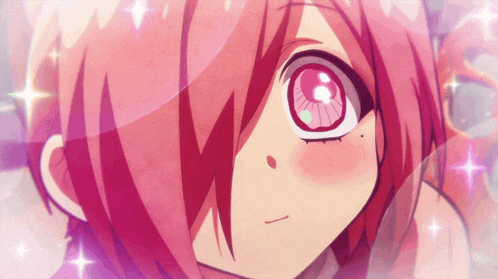 a close up of a girl with pink hair and a big pink eye