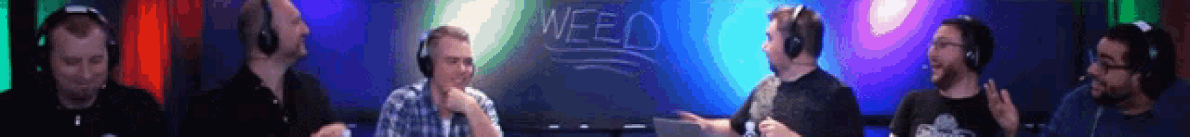 a group of people wearing headphones are standing in front of a sign that says weed