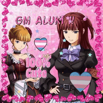 two anime girls are standing next to each other on a pink background with the words gm aluki 100 % cute