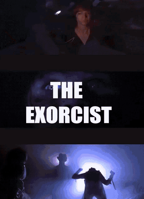 a movie poster for the exorcist shows a woman holding a torch