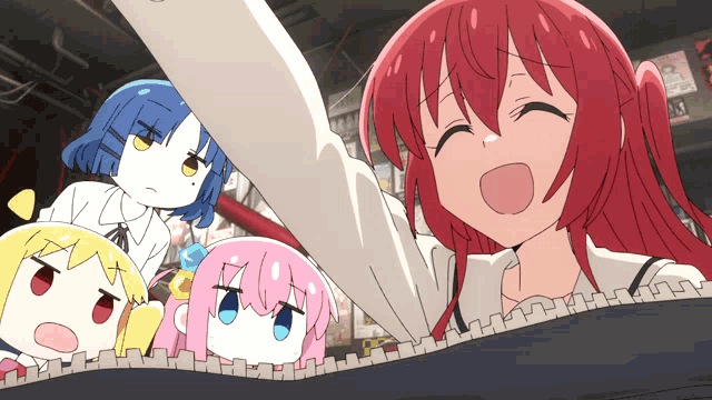 a group of anime characters including a red haired girl