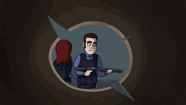 a cartoon of a man holding a piece of wood that has a hole in it