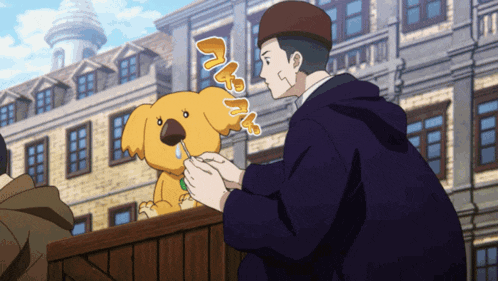 a man is petting a stuffed animal with a sticker that says ' nn ' on it