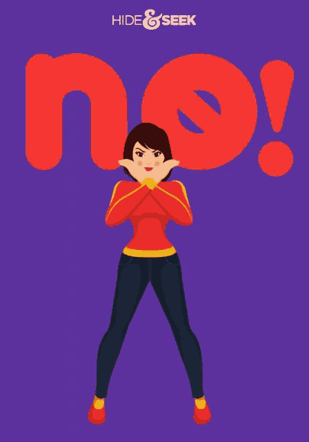 a woman in a red sweater is standing in front of the word no on a purple background