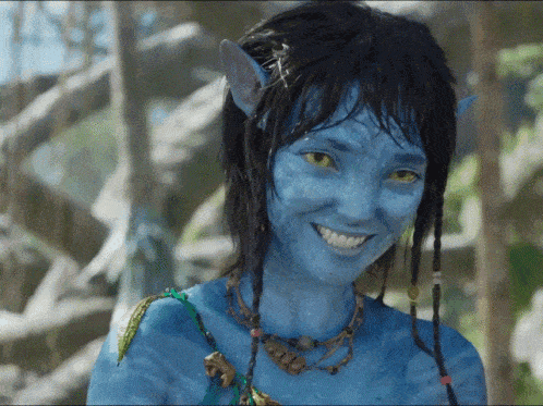 a woman with a blue face and yellow eyes