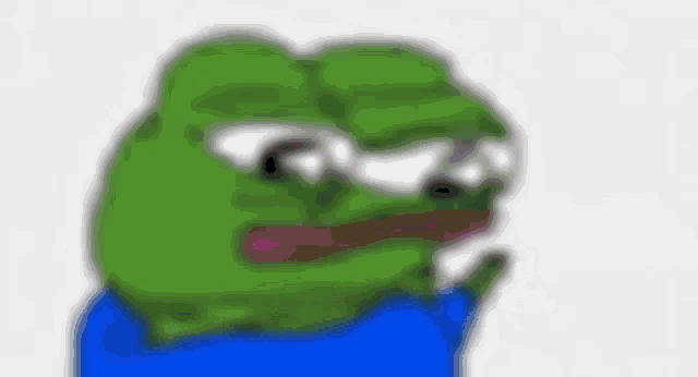 a blurry picture of a green frog wearing a blue shirt and a blue hat .