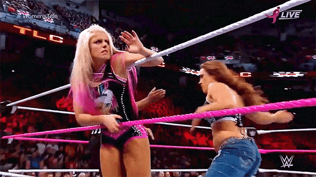 two women are wrestling in a ring with tlc written on the stands