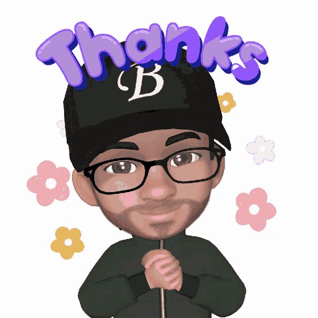 a man wearing glasses and a baseball cap with the letter b on it says thanks