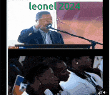 a man speaking into a microphone with leonel2024 written on the top