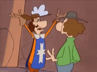 a cartoon of a man in a costume with a cross on it talking to another man