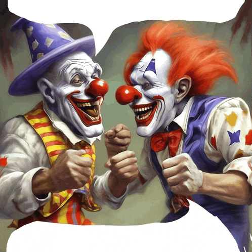 a painting of two clowns with red noses talking to each other