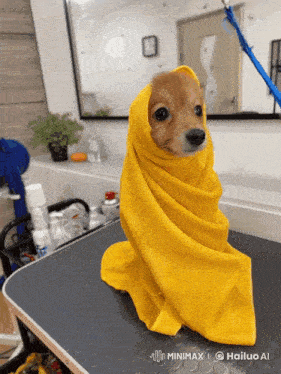 a small brown dog wrapped in a yellow towel with the hashtag minimaxi on the bottom right