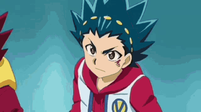 a boy with blue hair and a red jacket is standing next to another boy in a cartoon .