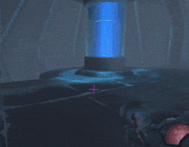 a computer generated image of a room with a red cross in the middle of the room