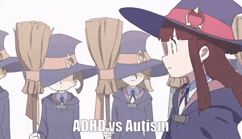 a group of witches are standing next to each other with the words adhd vs autism written on the bottom