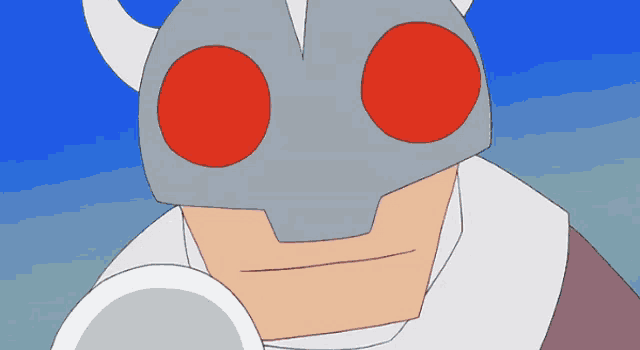 a cartoon drawing of a man wearing a mask with horns and red eyes