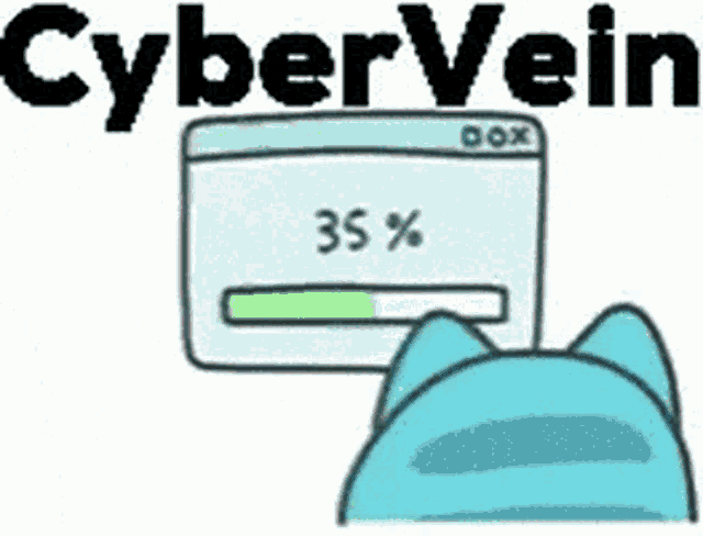 a cartoon cat is looking at a computer screen with a loading bar and the words `` cybervein '' above it .