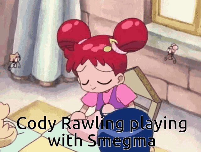 a cartoon of a girl with red hair and the words cody rawling playing with smegma below her