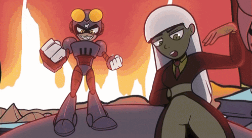 a cartoon drawing of a robot with a x on his face