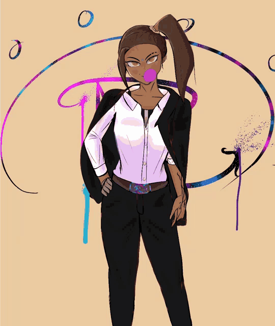 a drawing of a woman with a ponytail wearing a suit