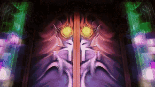 a painting of a demon with glowing eyes and a cross