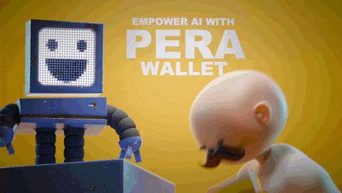 a robot and a baby are standing next to each other with the words empower ai with pera wallet on the bottom