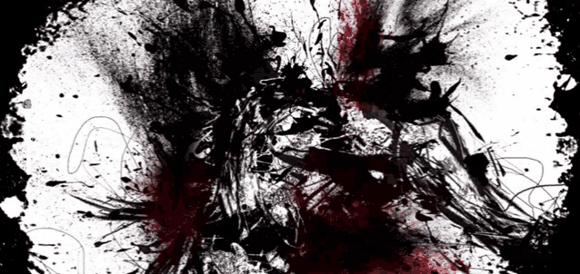 a black and white painting with a red splash in the middle